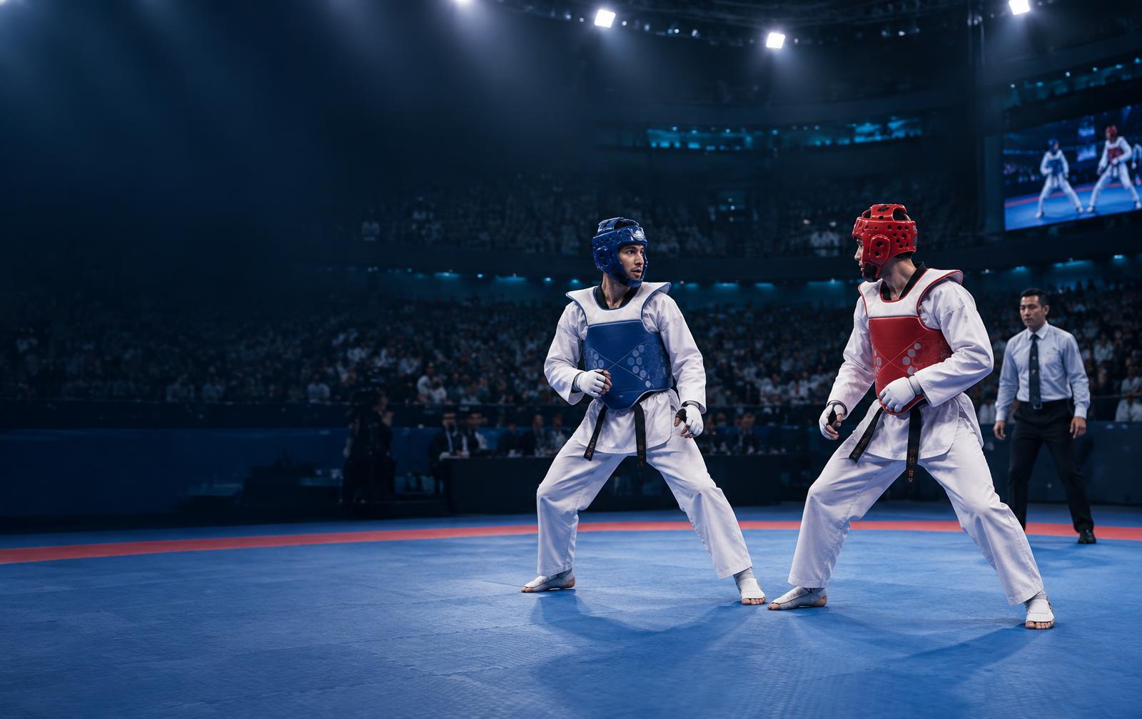 Taekwondo athletes competing in a championship arena